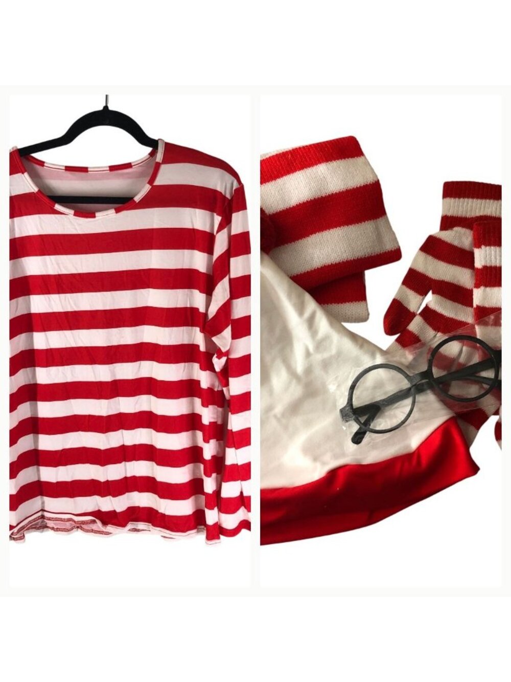 Wheres Waldo Costume Set Shirt Hat Gloves Scarf Glasses Red & White Stripes M